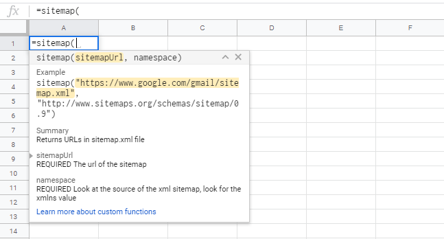 Sitemap Custom Function Google Sheets